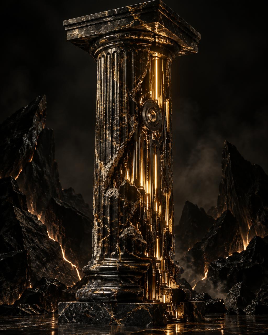 Dark marble Greek pillar fused with a glowing cybernetic core